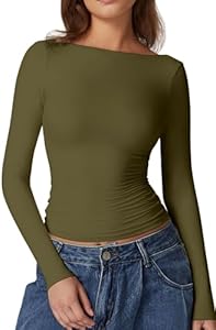 QINSEN Women's Sexy Open Back Long Sleeve Shirts High Neck Double Lined Tees Fitted Going Out Tops QINSEN