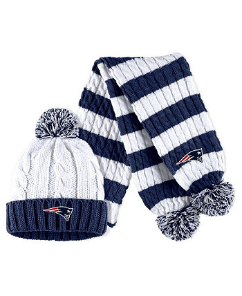 Женская белая вязаная шапка New England Patriots в полоску с манжетами, комплект с помпоном и шарфом WEAR by Erin Andrews