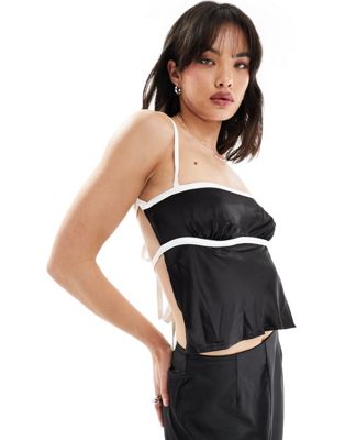SNDYS satin cami tie back detail top with contrast bust seam detail in black - part of a set SNDYS