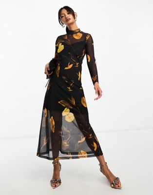 Черное сетчатое платье миди с длинными рукавами AllSaints Hannah Aretha AllSaints