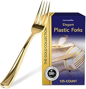 Stock Your Home 125 Disposable Heavy Duty Plastic Forks, Fancy Plastic Silverware Looks Like Real Cutlery - Utensils Perfect for Catering Events, Restaurants, Parties and Weddings (Gold) Stock Your Home