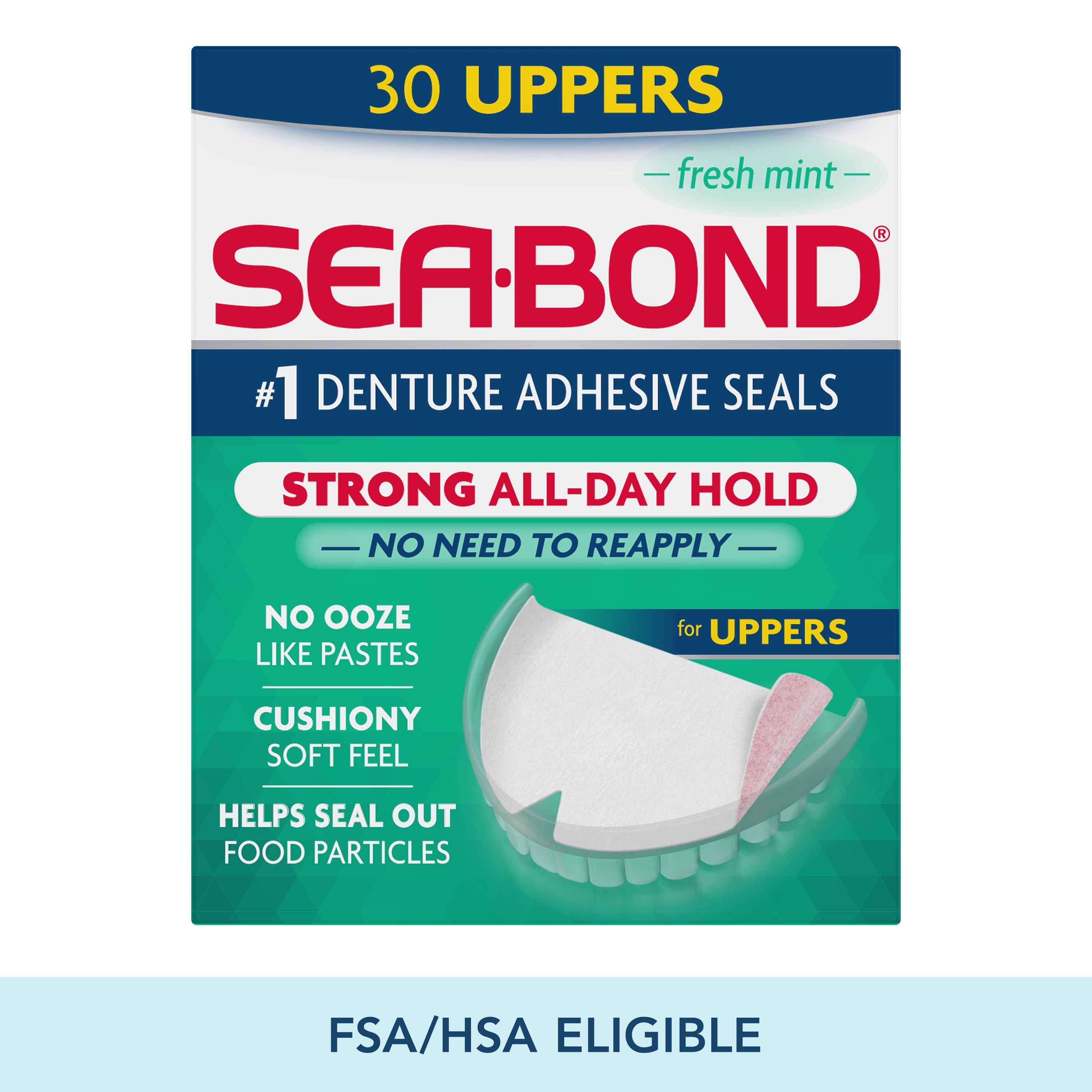 Sea Bond Secure Denture Adhesive Seals, For an All Day Strong Hold, 30 Mint Flavor Seals for Upper Dentures (4 Pack) Sea-Bond