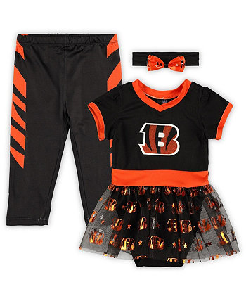 Черный комбинезон для девочек-младенцев Cincinnati Bengals с задней дверью Game Day с пачкой, повязкой на голову и леггинсами, комплект болельщика Jerry Leigh