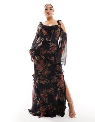 Эксклюзивное платье макси с асимметричными рукавами и потертыми рюшами с размытым цветочным принтом ASOS DESIGN Curve ASOS Curve