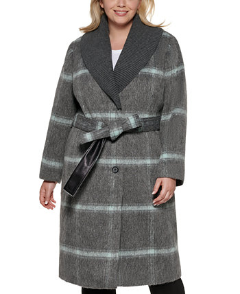 Пальто большого размера с запахом и трикотажным воротником с поясом DKNY