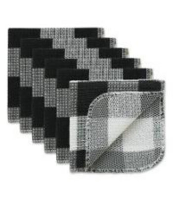 Scrubber Dishcloths Collection Windowpane Dishrag Set, 12x12", Black Buffalo Check, 6 Piece Design Imports