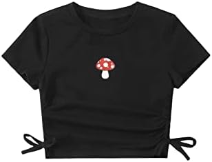 SHENHE Girl's Mushroom Print Short Sleev Crop Tops Ruched Drawstring Tee T Shirts Shenhe