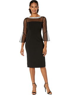Short Shift Dress with Beaded Illusion Neckline and Bell Sleeves Alex Evenings