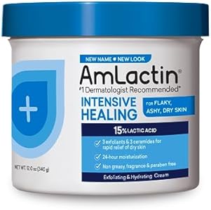 AmLactin Intensive Healing Body Cream – 12 oz Tub – 2-in-1 Exfoliator and Moisturizer for Dry Skin with 15% Lactic Acid and Ceramides for 24-Hour Moisturization Amlactin