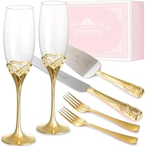 BRIDAL SHOWER Wedding Gifts with Cake Knife and Server Set, Heart Shaped Mr and Mrs Champagne Flutes with Cake Cutting Set for Wedding Engagement Gifts for Couples 2024 (Gold) BRIDAL SHOWER