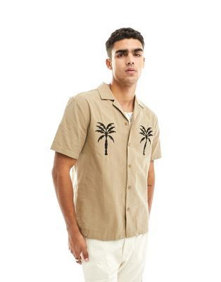 Коричневая рубашка с вышивкой пальмами River Island RIVER ISLAND