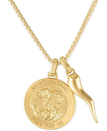 24-дюймовое подвесное ожерелье из медальона и рога Святого Михаила из позолоченного серебра 14 карат, разработанное для Macy's Esquire Men's Jewelry