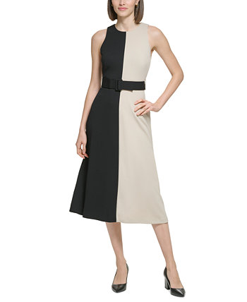 Миниатюрное креповое платье Scuba с поясом и цветными блоками Calvin Klein