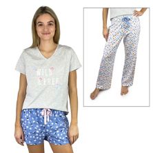 Женский мир, любовь и мечты 3 шт. Пижамный топ с короткими рукавами, пижамные шорты и пижамные штаны для сна Peace, Love & Dreams