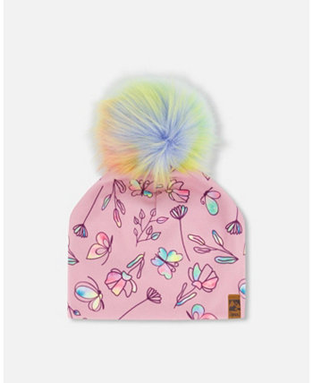 Baby Girls Printed Jersey Detachable Pompom Hat Lilac And Multicolored Butterfly Deux par Deux