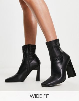 Public Desire Wide Fit True mid heeled ankle boots in black pu Public Desire Wide Fit
