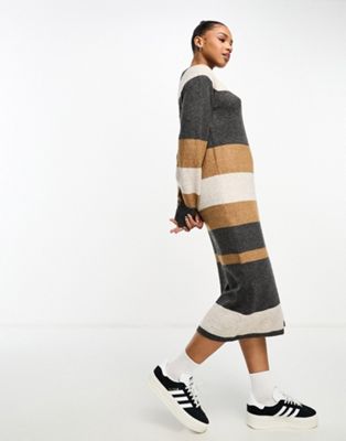 Вязаное платье-свитер макси в темно-серую и бежевую полоску JDY JDY