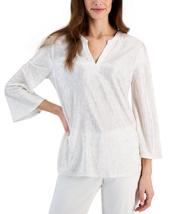 Petite Pleated Metallic Shine V-Neck Top, Created for Macy's J&M Collection