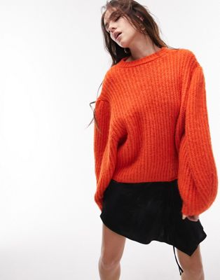 Оранжевый вязаный пушистый свитер с объемными рукавами Topshop TOPSHOP