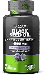 ORZAX Black Seed Oil 1000 mg Organic Cold Pressed Capsules for Hair, Skin, and Joints - Rich in Omega 3 6 9 - Non-GMO, Gluten Free - (90 Soft Gel Capsules) ORZAX