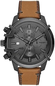 Diesel Griffed Stainless Steel and Leather Chronograph Men's Watch, Color: Gunmetal, Brown (Model: DZ4569) Diesel