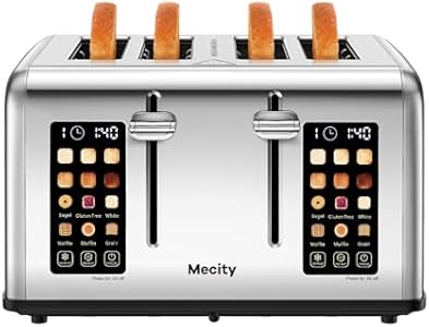 Mecity 4 Slice Toaster Touch Screen Control 4 Wide Slot, Stainless Steel Smart Bread Toaster for Bagel Muffin Waffle, Dual Control Pannel, Timer, Defrost, Reheat, 120V 1650W Mecity