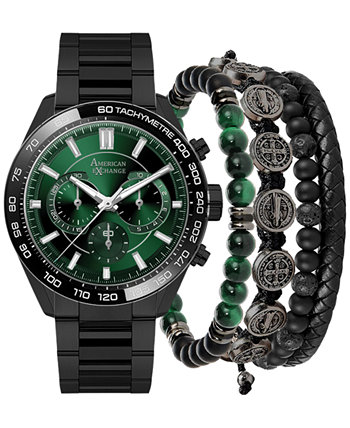 Мужские часы-браслет из черного металлического сплава 45 мм, подарочный набор American Exchange