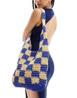 South Beach checkerboard crochet tote bag in blue and yellow  SOUTH BEACH