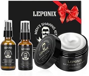 Shaving Kit for Men, Essential Kit Includes Sandalwood Shaving Cream, After Shave Lotion for Men and Pre Shave Oil Fights Nicks, Cuts and Razor Burn Shaving Gift Set for Him Men Dad Stocking Stuffers LEPONIX