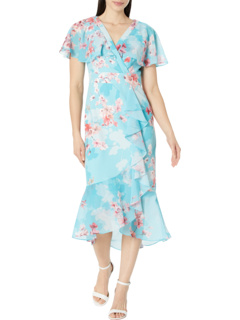 Printed Floral Flutter Sleeve Dress with Cascade & Ruffle Hem Adrianna Papell