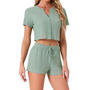 Womens Waffle Knit Button Down Pajamas Short Sleeve Crop Tops with Shorts 2 Piece Outfit Lounge Set Inspire Chic