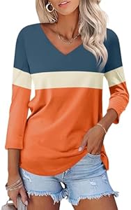 Women's V Neck 3/4 Sleeve Tops Color Block/Solid Shirts Basic Summer Tees Ticticmiss