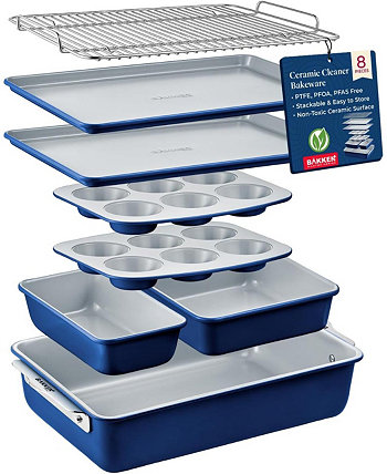 Bakken- Swiss Bakken 8-Piece Stackable Bakeware Set - Ceramic Non-Stick Coating, Baking Sheets, Assorted Baking Pans, PTFE, PFOA & PFOS Free - Healthy Baking, Ergonomic Handles, Cooling Rack, Non-Toxic, Oven-Safe Bakken Swiss