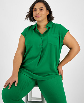 Plus Size Button-Front Cap-Sleeve Popover Top, Created for Macy's Bar III