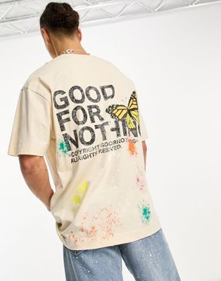 Объемная футболка Good For Nothing с кремовым принтом-логотипом на груди и спине и брызгами краски Good For Nothing