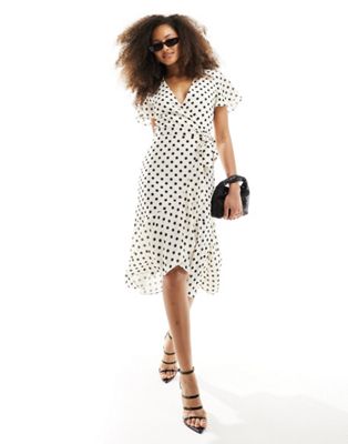 Style Cheat wrap midi dress with frill detail in mono spot Style Cheat