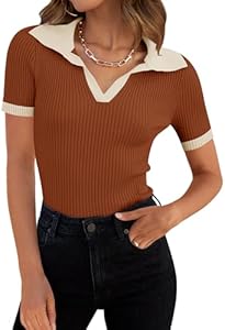 ZESICA Women's Short Sleeve V Neck T Shirts 2025 Summer Ribbed Knit Slim Fitted Basic Solid Color Tee Tops Zesica