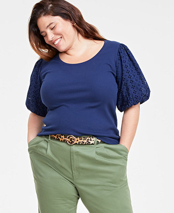 Trendy Plus Size Eyelet Elbow-Sleeve T-Shirt, Created for Macy's On 34th