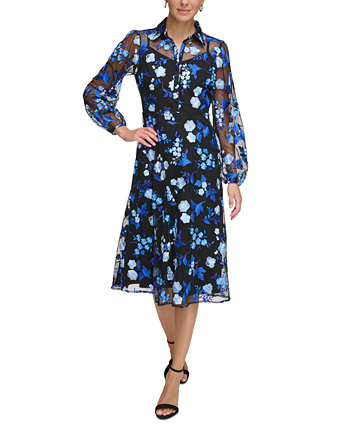 Женское платье-рубашка из сетки с вышивкой и цветочным принтом Kensie