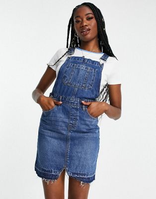 DTT denim overall dress with raw hem in blue  Don't Think Twice