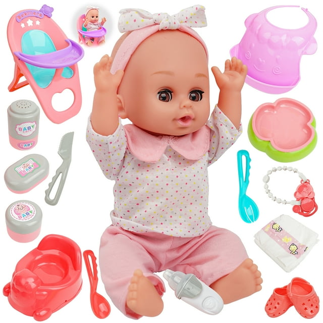 14 Inch Baby Doll with Open/Close Eyes, Toy Choi's Interactive Baby Doll, 8-Piece Gift Set, for Ages 1 - 3+, Pink Toy Choi's