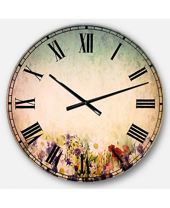 Крупные круглые металлические настенные часы с цветочным рисунком Designart