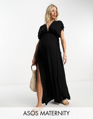 Черное пляжное платье макси с развевающимися рукавами и желобчатой завязкой на талии ASOS DESIGN Maternity ASOS Maternity