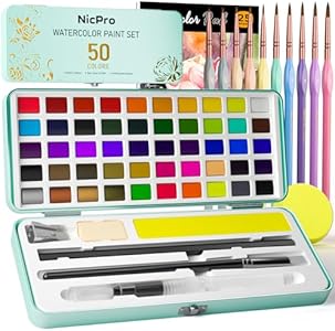 Nicpro 50 Colors Watercolor Paint Set, Including Metallic & Fluorescent Color, 8PCS Pastel Detail Painting Brush, Water Color Paper, Palette, Art Supplies Kit for Artist Adult Beginner with Gift Box Nicpro