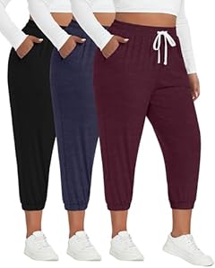 Ficerd 3 Pack Women's Plus Size Capri Sweatpants Cotton Spandex Drawstring Joggers Cropped Athletic Lounge Pants with Pockets Ficerd