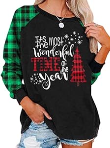 TAOHONG Merry Christmas Sweatshirt Women Xmas Buffalo Plaid Tree Color Block Christmas Snowflake Print Long Sleeve Top Shirts TAOHONG