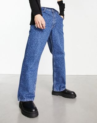 The Ragged Priest damage skate wide leg crackle printed jeans in blue The Ragged Priest