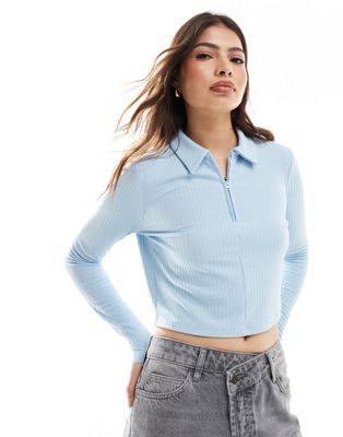 ONLY half zip ribbed polo top in blue   ONLY
