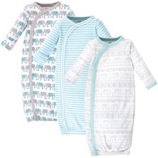 Touched by Nature Baby Boy Organic Cotton Side-Closure Snap Long-Sleeve Gowns 3pk, Mint Gray Elephant Touched by Nature
