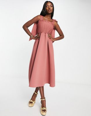Женское платье миди ASOS DESIGN с завязками и рюшами в розовом цвете ASOS DESIGN